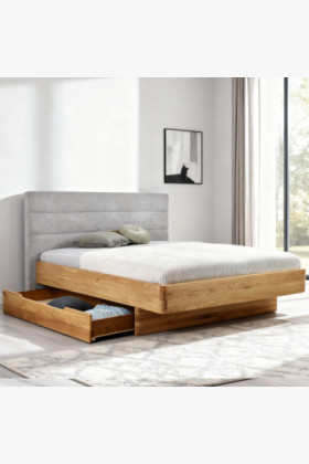 Tömör tölgyfa franciaágy kárpitozott szürke fejtámlával 160x200 cm